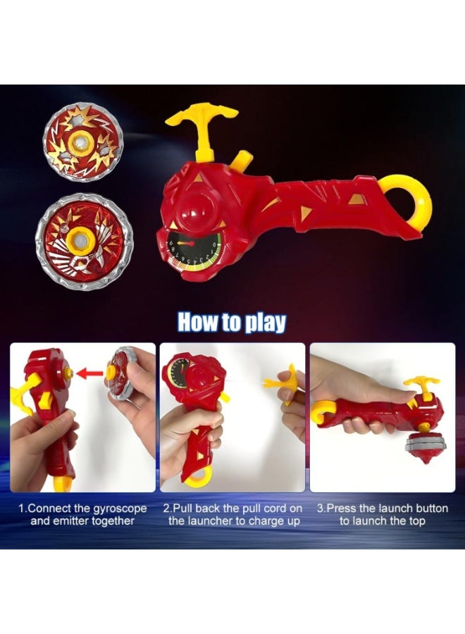 FAYET 2PCS Light-Up Battle Spinning Tops Set for Kids, Metal Burst Battling Gyros with Launchers, Alloy Combat Bey-Style Tops for Boys, Two-Player Battle Toy Gift (Red and Blue) - Image 4